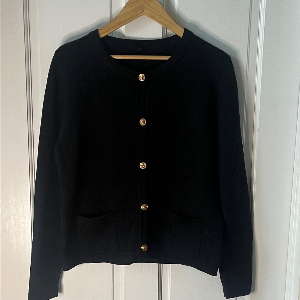 Classic Black Women's Sweater with gold buttons and front pockets size large